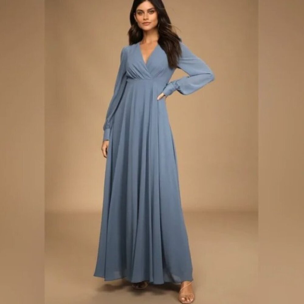 NEW Ricarica Blue Chiffon Surplice Bishop Sleeve Long Maxi Dress Gown